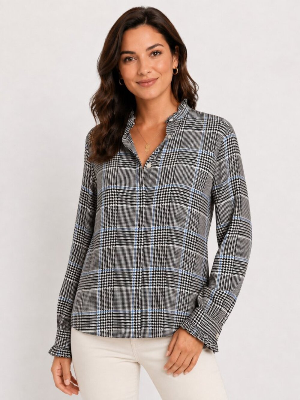 Ann Taylor Houndstooth Plaid Ruffle Collar Button Down Blouse Brown Blue XS Top